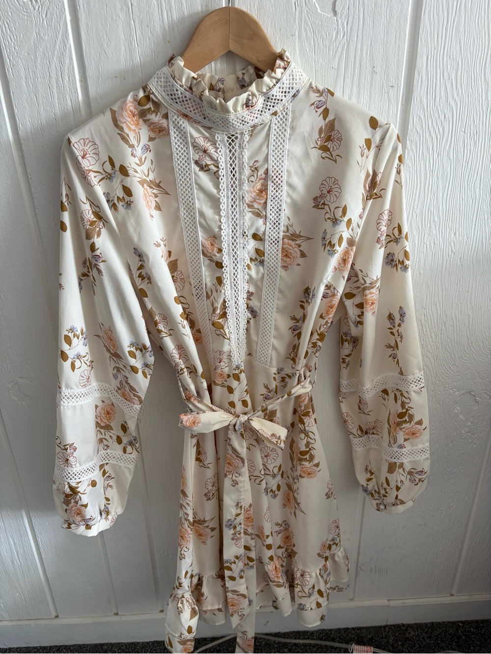 Cream Floral Ruffle-Neck Long Sleeve Tie-Waist Dress